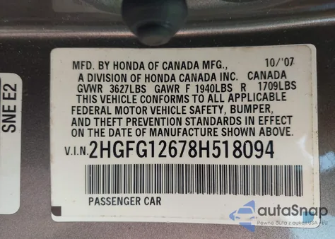 2008 Honda Civic Lx z USA, uszkodzony, nr VIN 2HGFG12678H518094